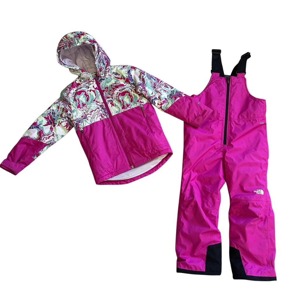 The North Face Girls Freedom Insulated Snow Set Pink Print Jacket Bibs 7/8 Ski